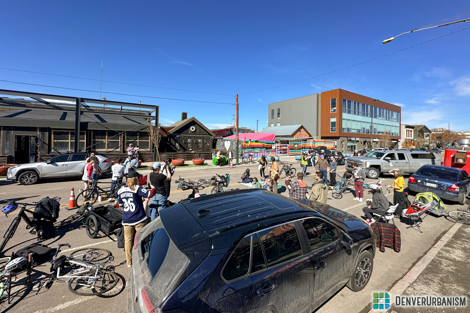 Cyclists and safe street advocates protest the closure of the 2900 block of Larimer Street.