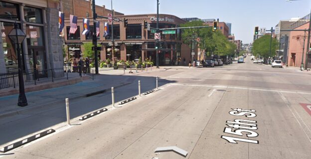A picture of 15th and Larimer, where the bike lane ends